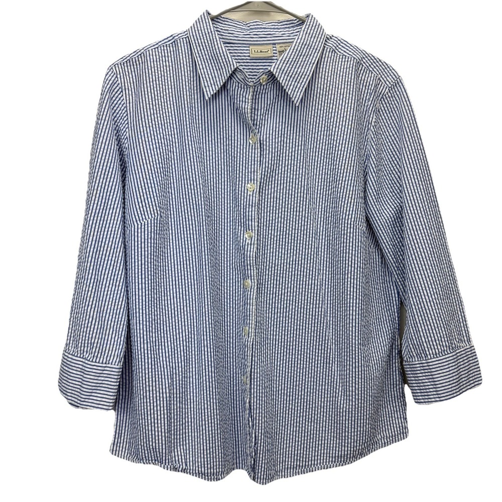 LL Bean Blue White Stripe 3/4 Sleeve‎ Button Up Cotton Seersucker Shirt LARGE - Picture 4 of 11